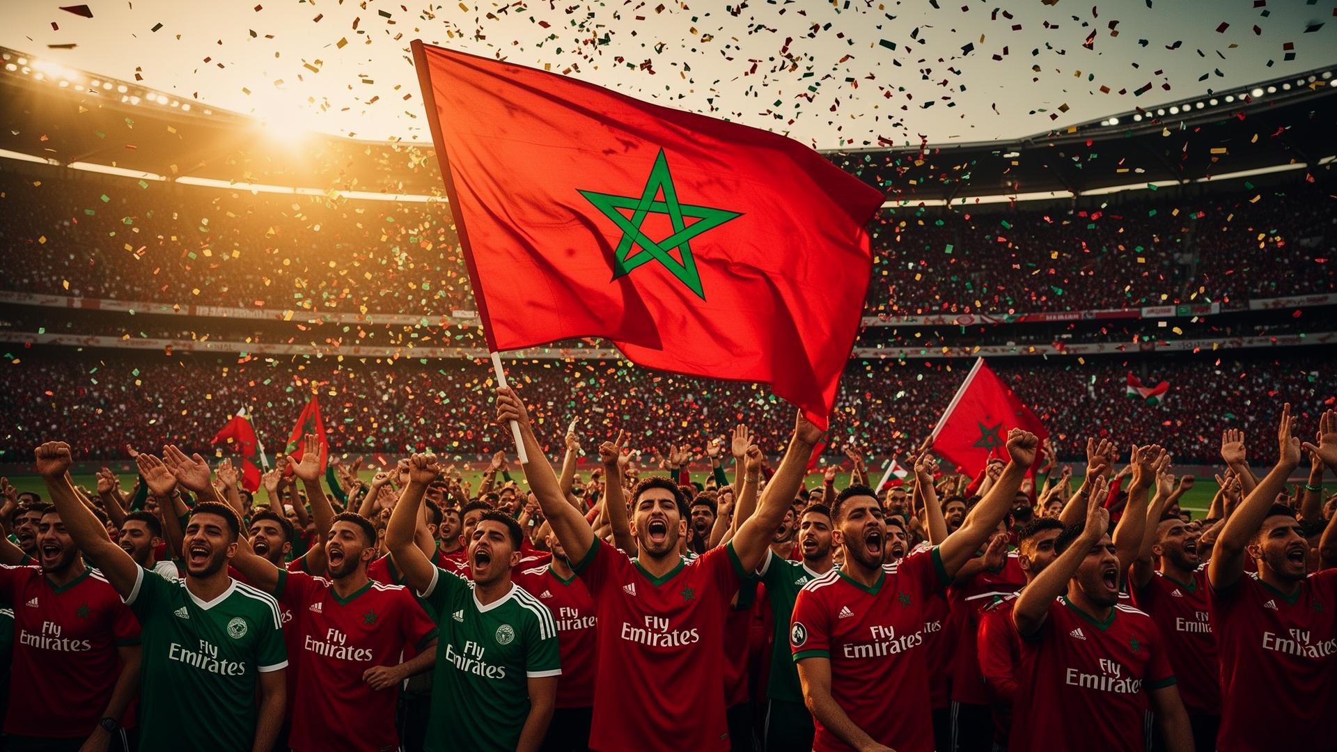 Supporters marocains agitant un drapeau du Maroc dans la tribune des Lions de l'Atlas